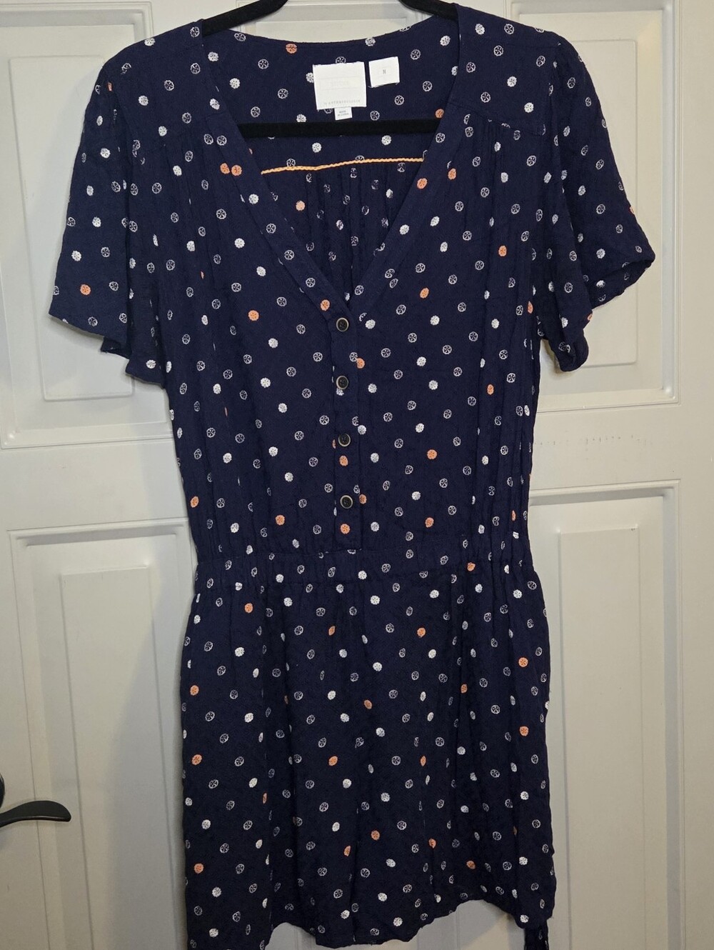 Anthropologie - Navy Polka Dot Romper with White and Orange Polka Dots